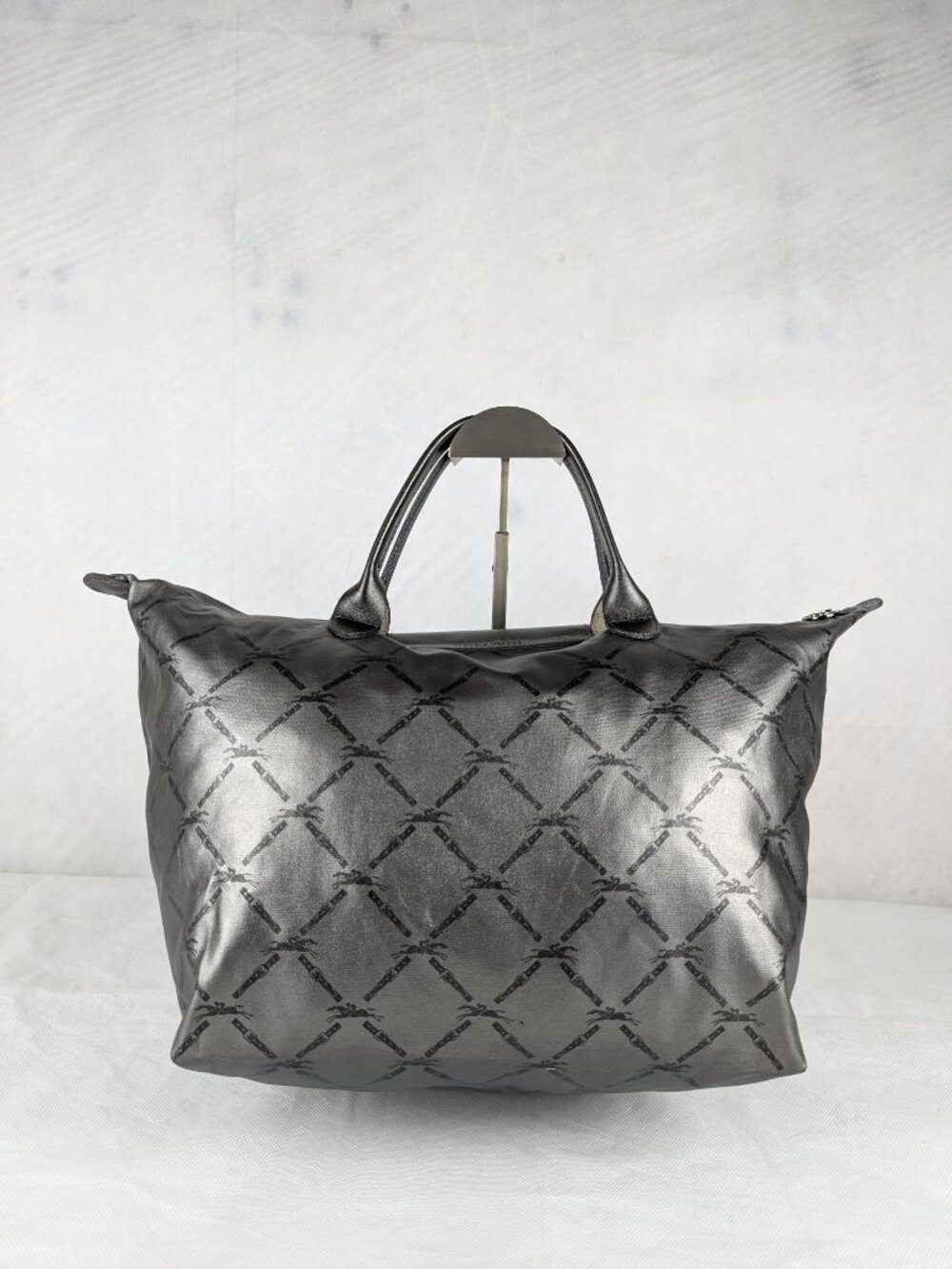 Longchamp Le Pliage Used Gray Leather Tote Handbag Shoulder Travel Shopper Bag